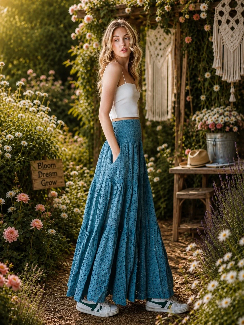 Oli & Hali L Mineral Wash Blue Eyelet Tiered Maxi Skirt in Midnight